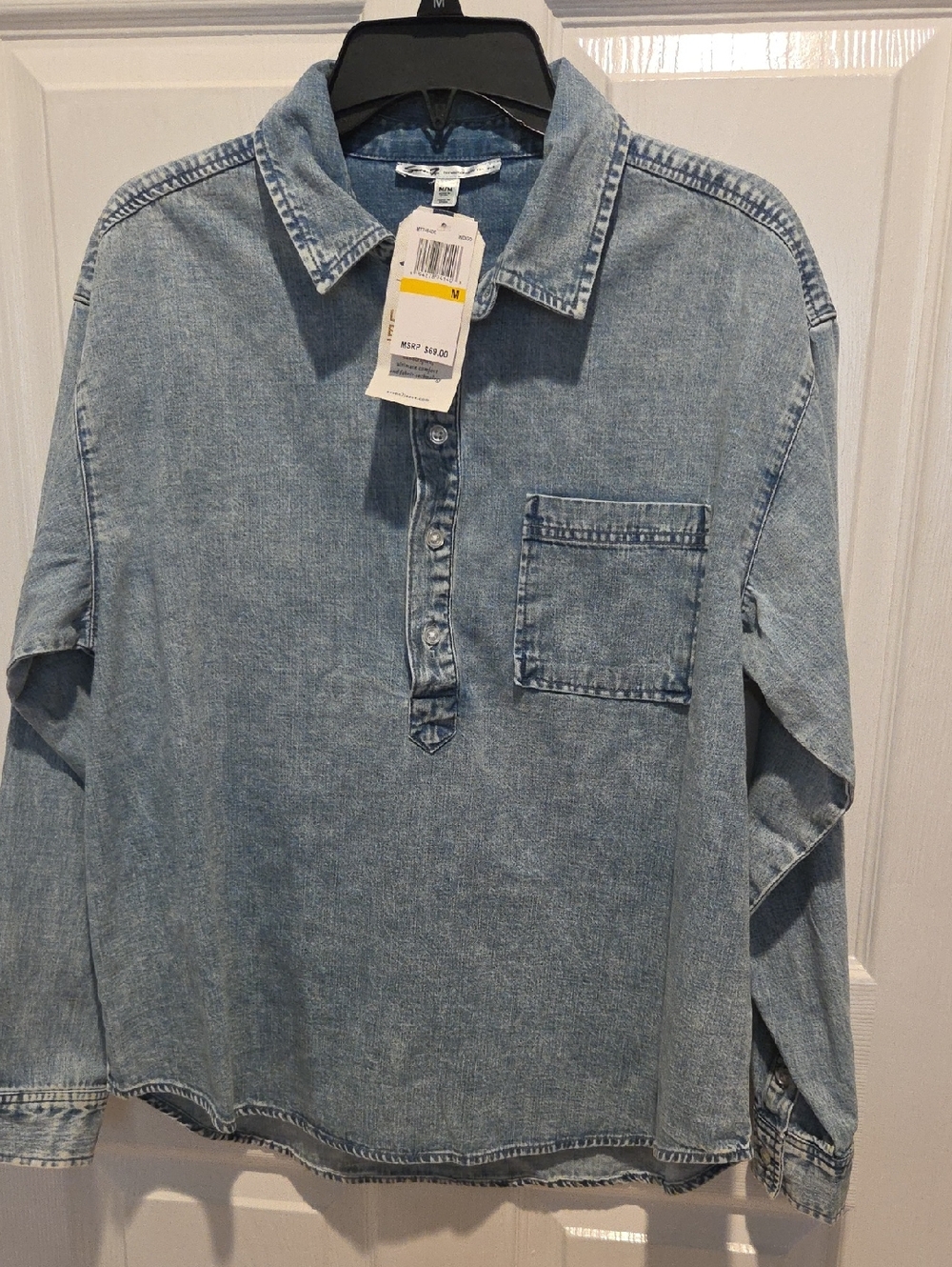 Seven7 Washed Light Blue Denim Button-Placket Casual Shirt
